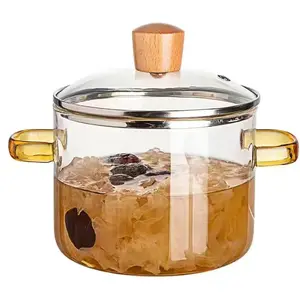Small saucepan 1.5L/50oz/6cups Glass Cooking Pot Glass Simmer Pot Quick Food Heating Saves Energy Heat Resistant 0 to 400 ℉ Oven Gas Electric Stove Safe for Pasta Soups Potpourri (Green Handle Glass Potpourri Pot)