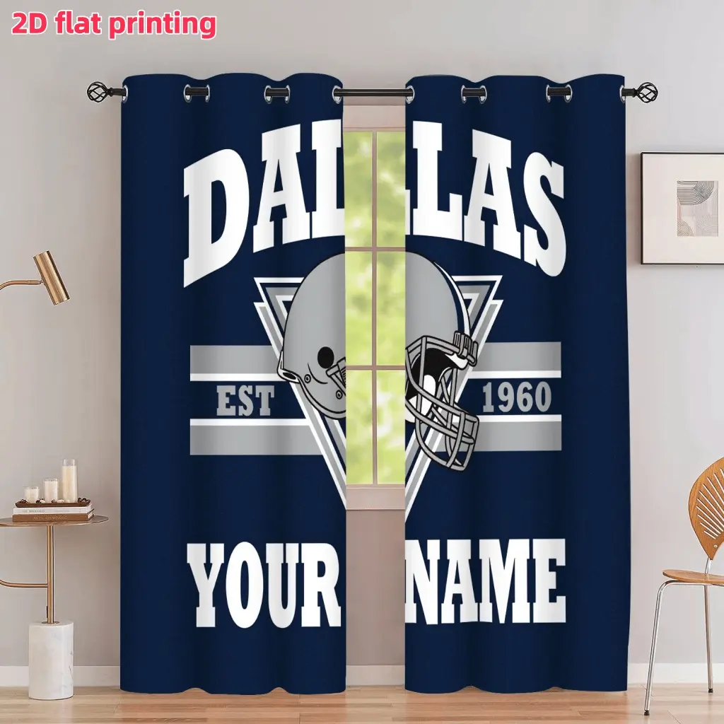 2D Flat 2Pcs Personalized Dallas Football Themed Room Decor Curtains, Home Decorative Curtain, Navy Blue Sports Fan Grommet Top Window Drapes for Home Living Bedroom Study, Custom Name Team Style Accessory, Anti Privacy, Window Shade Cover.