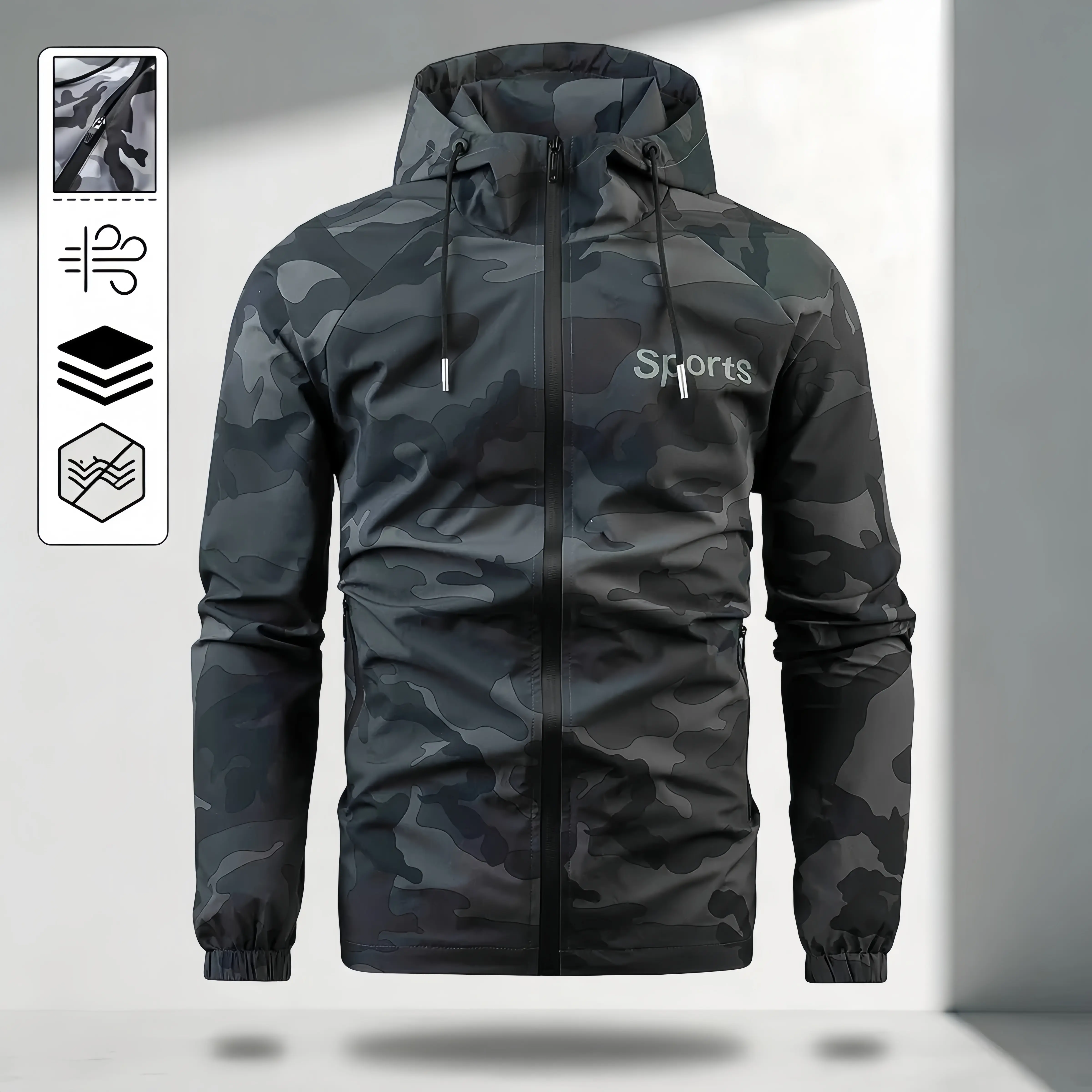 Mens Camouflage Hood Jacket Wind Resistant Light Shell Coat, Outdoor Sports Windbreaker With Adjustable Drawstring Hood