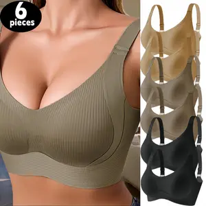 Women's 6-Pack Seamless Wireless Push Up Bras - Solid Ribbed, Adjustable Wide Straps, Soft Breathable Lightweight, Non-Transparent Magnet-Free Lift-Up Multi-Pack Everyday Bras for Women, All-Season Lingerie Ideal Gift Minimalist Basic