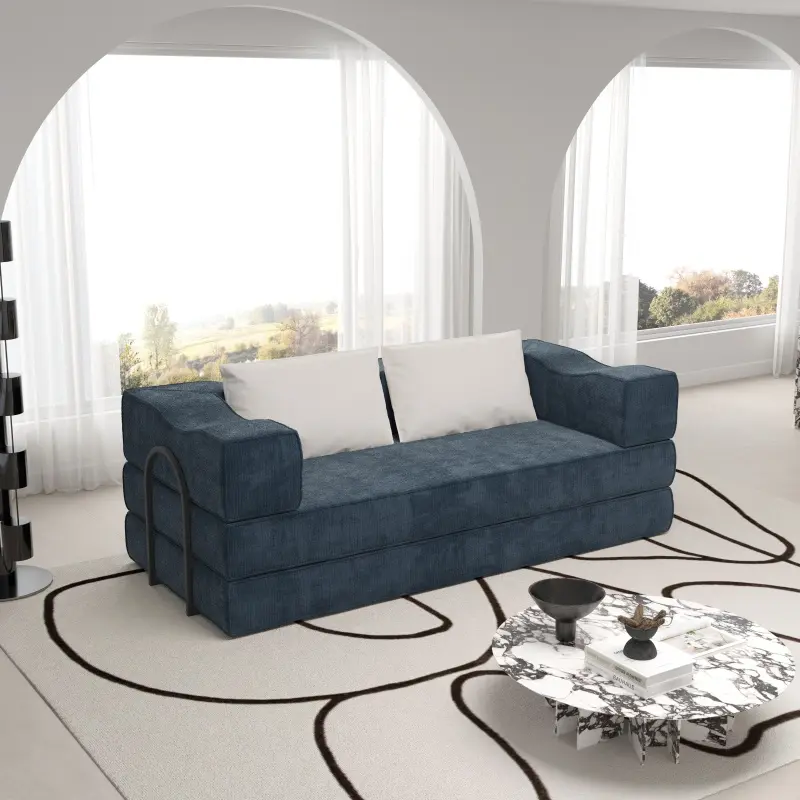 80" Convertible Couch Bed with 2 Pillows, 3-Seat Folding Floor Couch & King Size Bed Mattress, DIY Combination,Chenille,Blue    RR