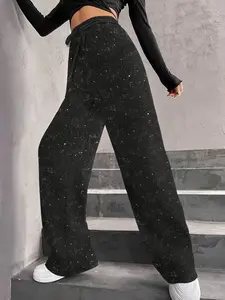 Women's Party Style Wide Leg Pants, Shiny Gradient Loose Fit Casual Trousers, High Waist Straight Leg Jeans for Daily Wear