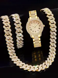 3-piece women's watch collection with hip-hop Cuban chain, including necklace, watch, and bracelet suitable for both men and women