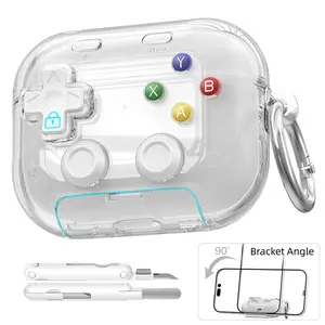 For AirPods Pro 3 Case Pressable Fidget Button Lock Design Phone Stand Cool Clear White Protective Cover Compatible with AirPods 4th Gen