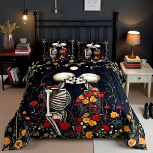 Skull Bedding Set,Human Skeleton Couple Print Halloween Comforter Bed Set,Boys Men Bedroom Decor,Romantic Rose Floral Quilt Set,Gothic Galaxy Starry Duvet Insert