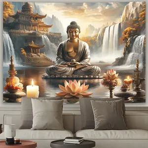 1 Elegant Polyester Home Decor Backdrop with Lotus & Buddha Statue - Serene Asian-Inspired Design for Living Room, Outdoor Festivities & More, Chinese Home Decor
