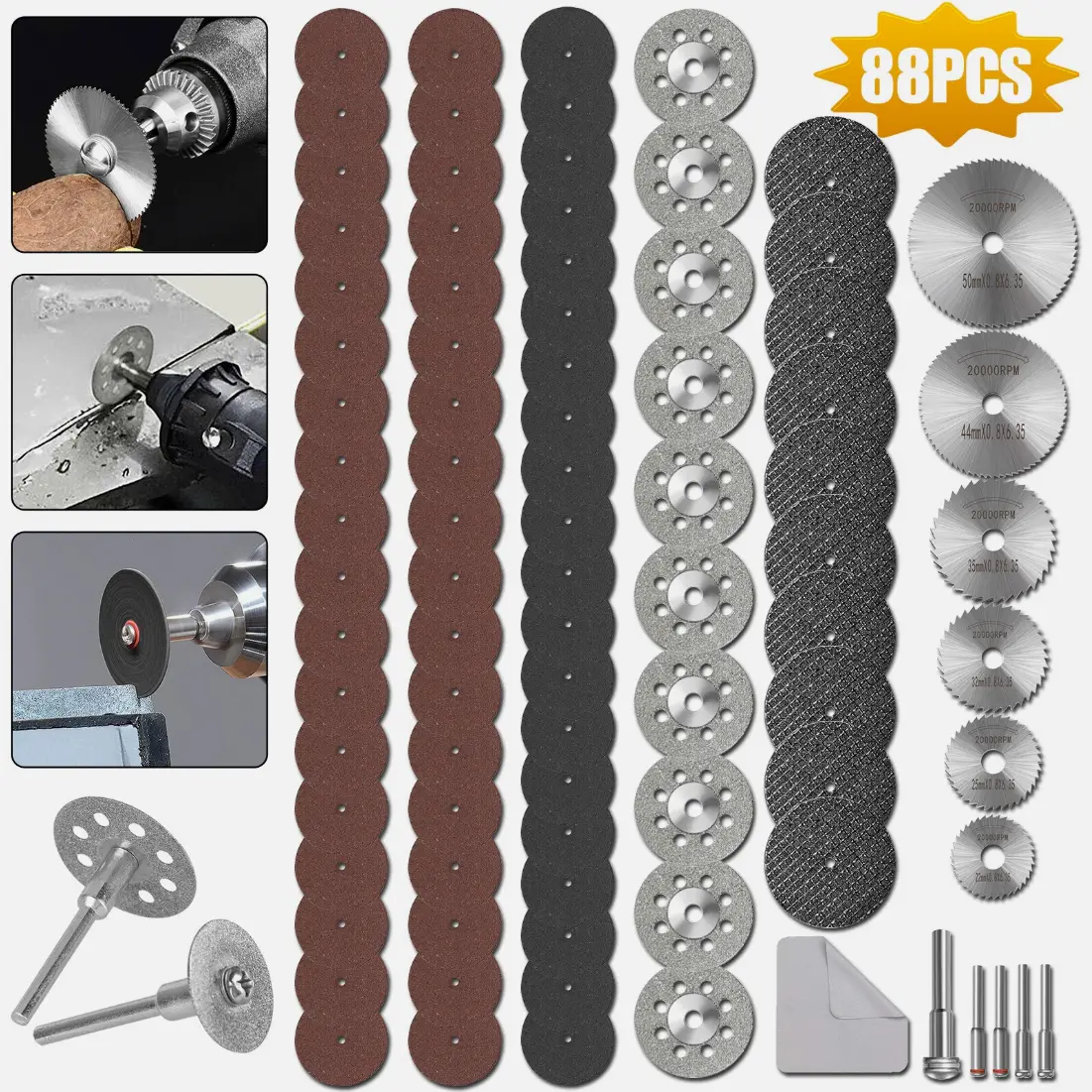 88x Diamond Cutting Wheel Kit for Dremel Rotary Tool - 56 Resin Discs, 10 Diamond Wheels, 10 Double Mesh, 6 HSS Blades, 5 Mandrels, 1 Cloth - Ideal for Cutting Metal, Wood, Plastic, Glass, and More, Power Tool Accessories, Diamond Grinding Wheel Angle Gri