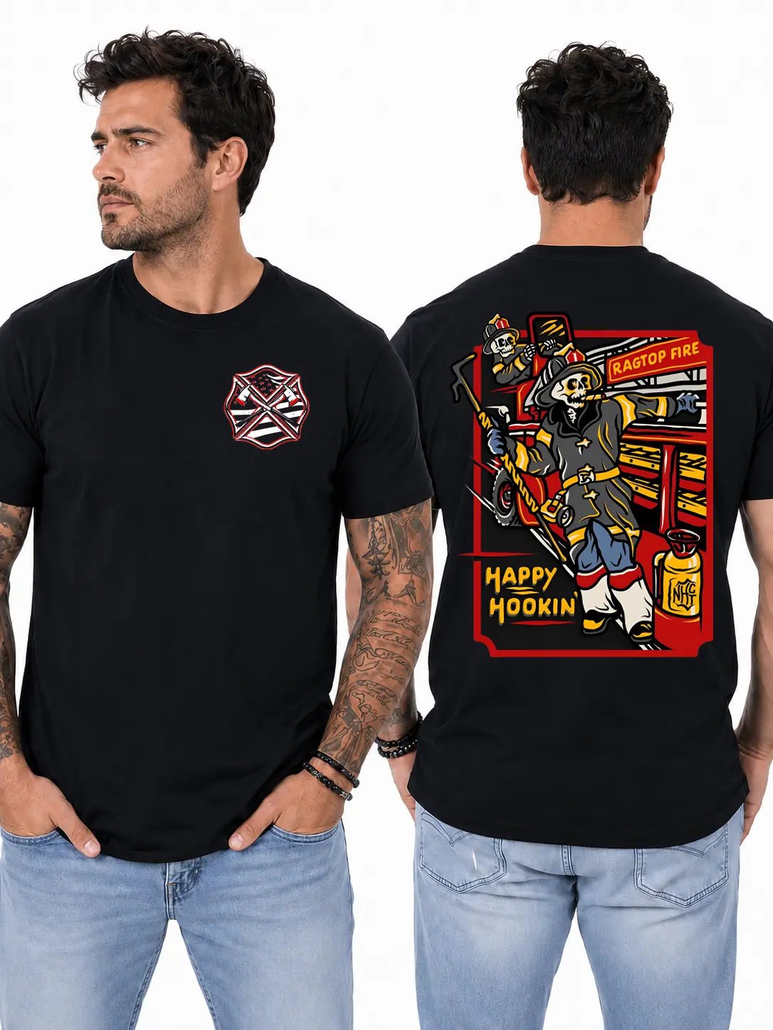 Funny Firefighter Skeleton T-Shirt, Cartoon Fire Truck Hook Tool Graphic Design, Your Brand Graphic Shirt for Firefighters & First Responders, Gift for Firefighter Dads or Fire Rescue Crew