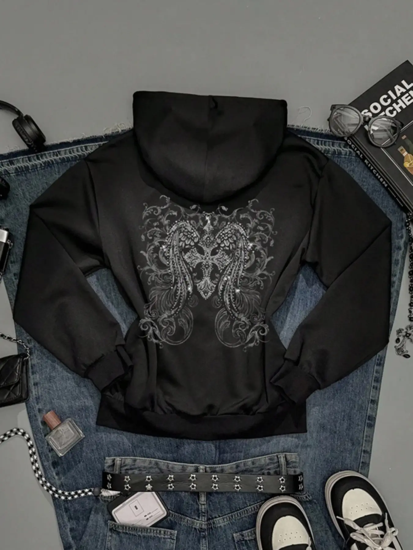 Vintage Punk Style Fashion Hooded Long Sleeve Jacket Set, Womenswear, Thick Retro Design, Baroque Print, Perfect for Fall & Winter, Shopping