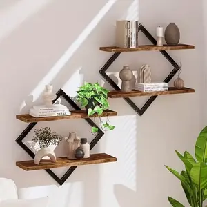 2/4 pcs Double Layer Geometric Diamond Wall Floating Shelf Decorative Industrial Hanging Metal Wire Wooden Display Stand, Simple Style Wall Floating Stand, Artistic Style, Suitable for Living Room Kitchen, Floating Shelves Wall-Mounted