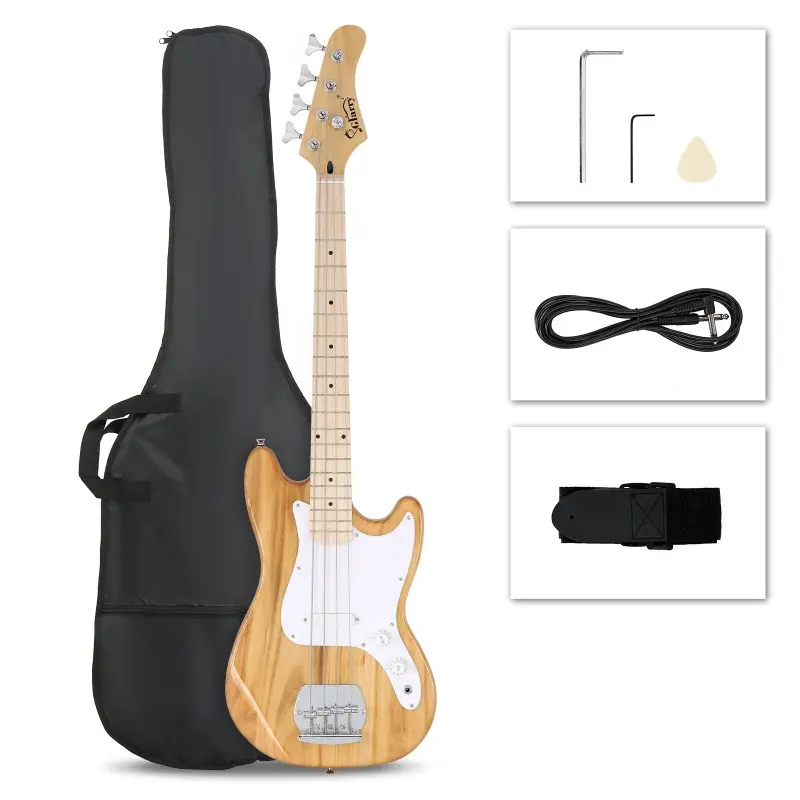 Right Hand 4-String Electric Bass Guitar, 30in Short Scale Thin Body Basswood with Durability, Adjustable Bridge, Carry Bag, Strap, Connector, Spanner Tool - 3.15kg Burlywood for Bass Musicians