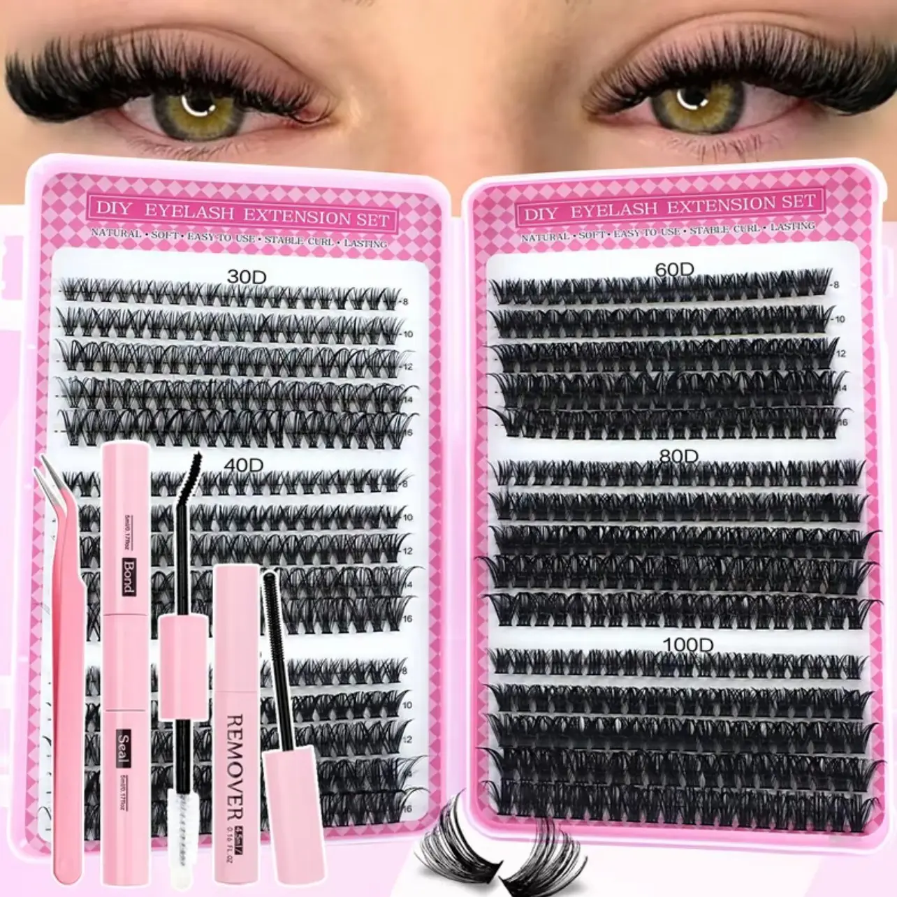 600 Pcs Eyelash Extension Kit, Eyelash Extensions Kit with Glue, Tweezers and Remover, Mixed 8–16 mm Curl Lashes, Eyelash Clusters, Beginner-Friendly DIY Lash Cluster Set for Home Use, Includes Lash Tools