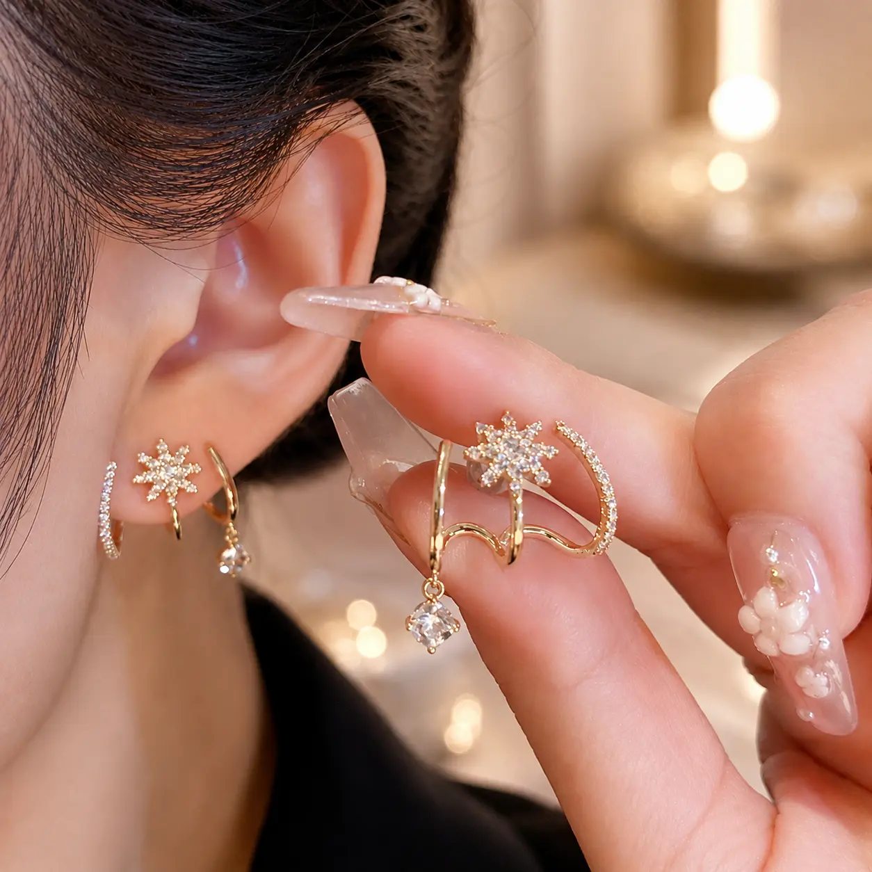 Gold Sparkling Snowflake Multi Hoop Earrings With Square Crystal Drop Stackable Dainty Daily Party Ear Jewelry Y2K Aesthetic Accessories for Women, Freak Gifts for Her Birthday Holiday Present