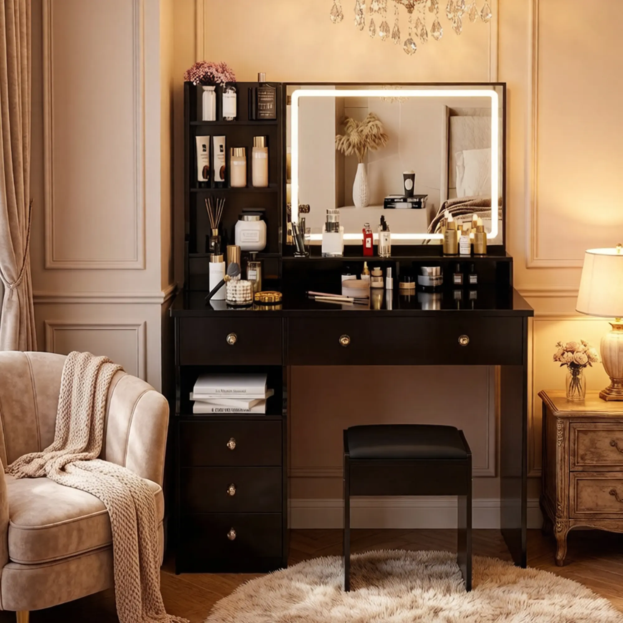 Large Makeup Vanity Desk with Large Mirror and LED Lights, 41" Vanity Table Set with 5 Drawers, Dressing Table with Storage Shelves and Cushioned Stool, Black