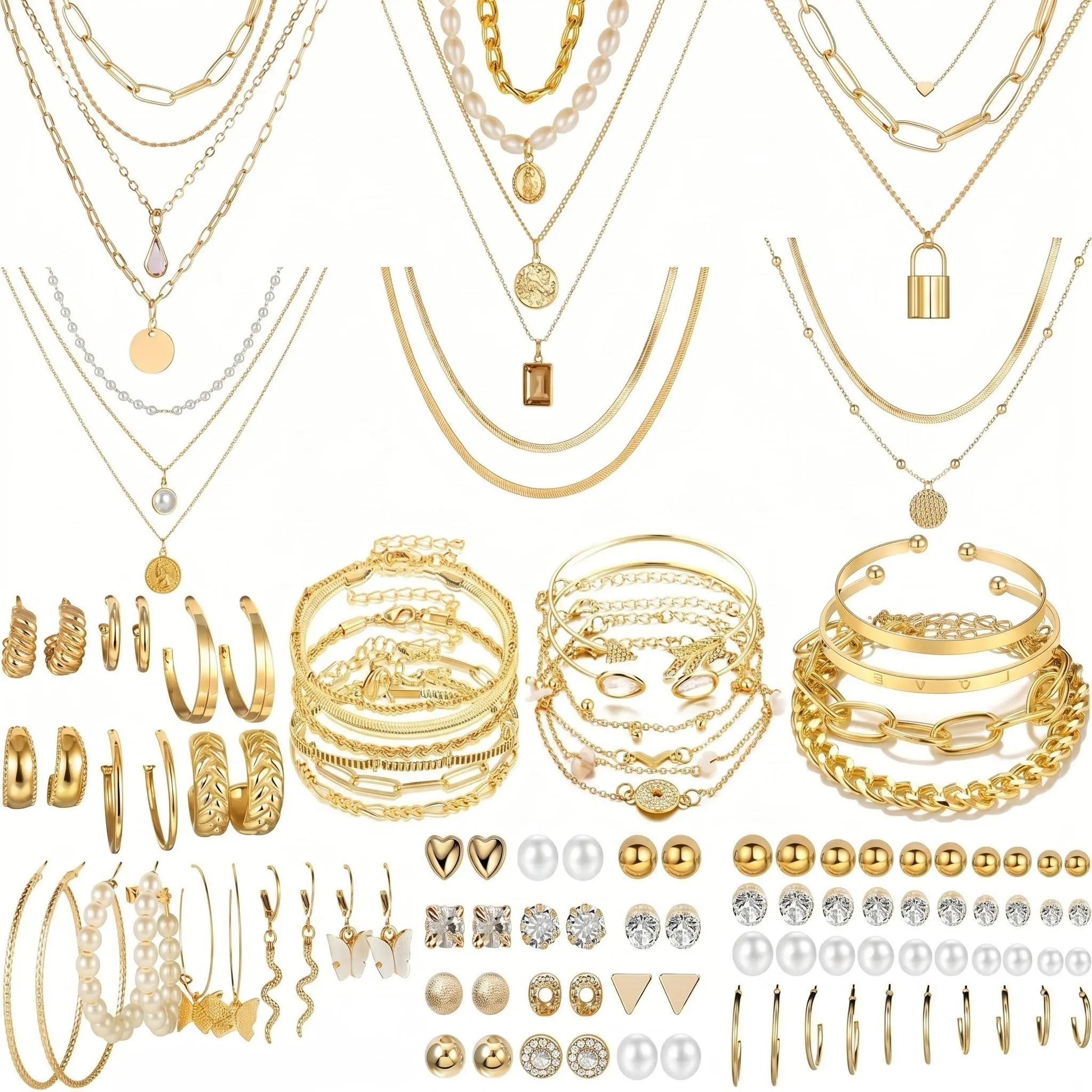 69 Pieces Gold Layered Alloy Jewelry Set, Dainty Multi-Layer Necklace Bracelet Earring Combo for Women, Geometric Rhinestone Accent Outfit Accessories for Daily Party Gifting