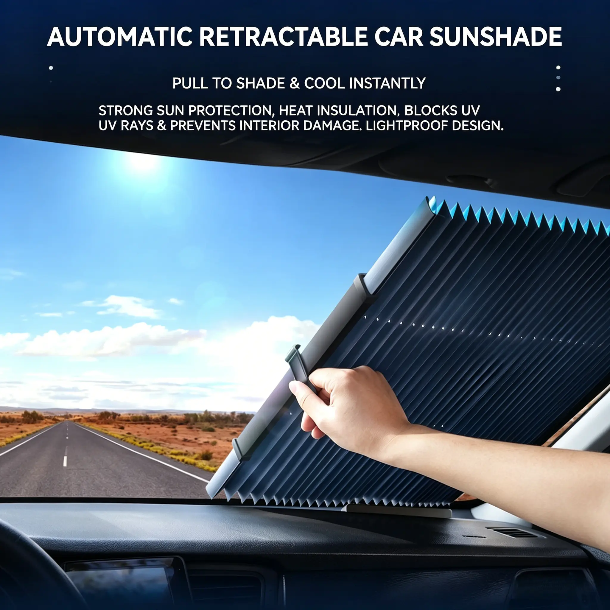 Automatic Retractable Foldable Windshield Sunshade for Car Front Windshield, Windscreen Shade Cover with UV & Heat Insulation, Cooler Effect, Lightproof Design, Easy Install & Store Car Interior Accessory, Sunshade For Car Windshield