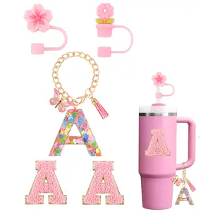 Pink Cup Accessories for Stanley (no cup) 30 oz 40 oz Tumbler with Handle,Stanley Stuff Decorations Including Flower Straw Cover Cap, Alphabet Handle Charm Initials, Sticker ,Total 5PCS