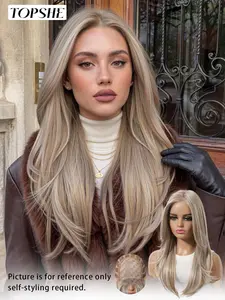 Topshe Mono Lace Wig, Light Gold Blonde Highlights Long Hair, Synthetic Fiber Wig, Breathable Comfort, Natural Look, Easy Wear, Party Cosplay, Halloween, Christmas