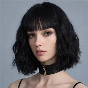 12 Inch Black Wigs For Women Short Wavy Curly Wig With Bangs Synthetic Hair Wigs Heat Resistant Fiber Wig For Daily Party