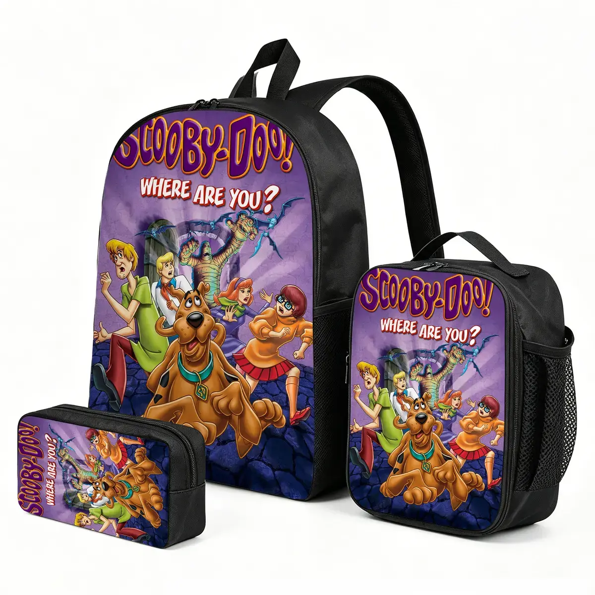 Scooby-Doo Cartoon 3-Piece Kids Backpack Set - Insulated Lunch Bag, Standard No-Wheels Elementary School Bookbag, Cute Print Pencil Case Combo, 3-Piece Set, One Size