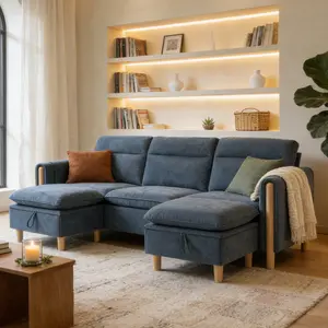 Modular Sectional Sofa Beige, U-Shaped Couch with Movable Ottoman, Comfy Corduroy Couch with Spring Cushion, Modular Sofa with Deep Seat for Living Room, Bedroom and Apartment
