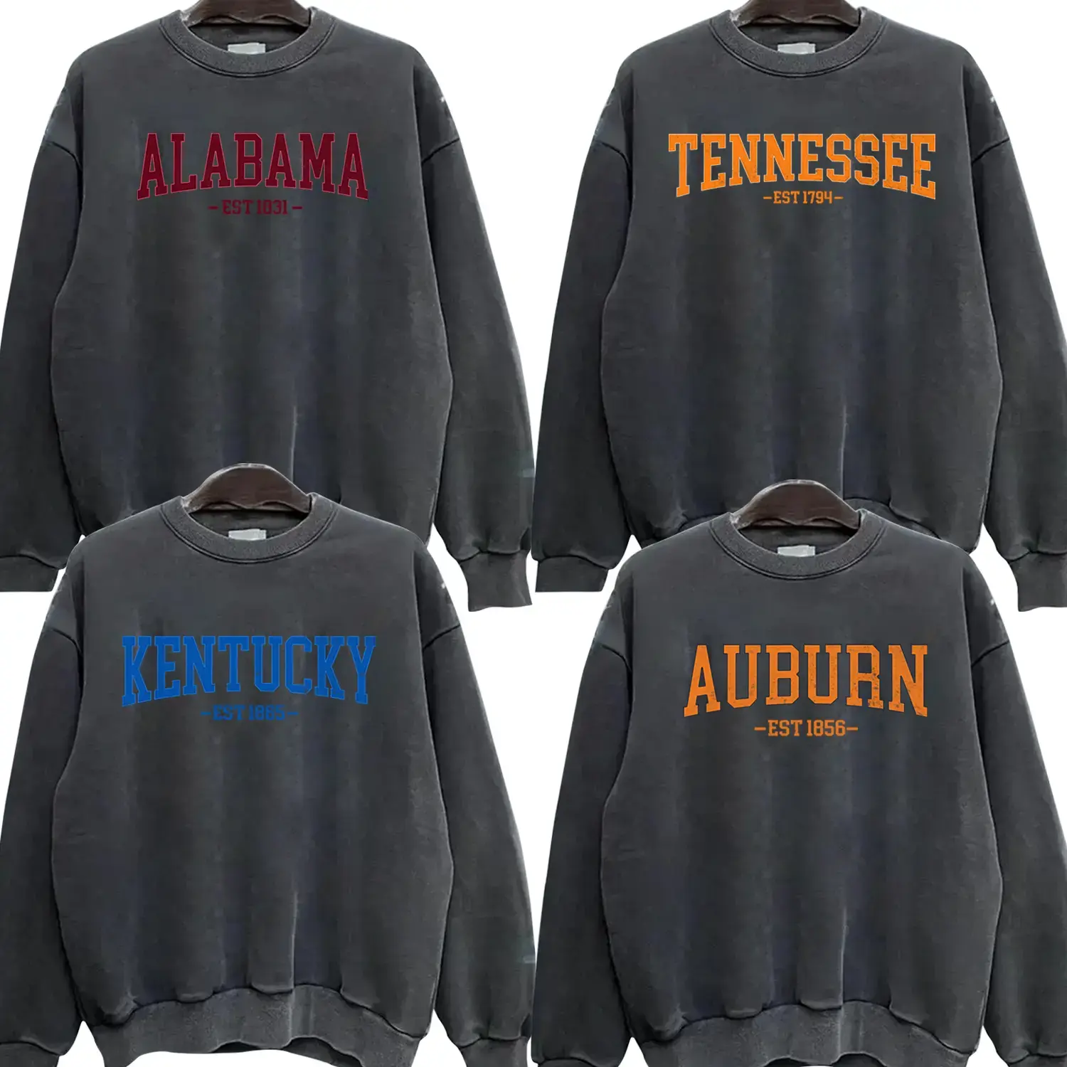 Vintage Varsity State Sweatshirt Distressed Athletic Style Unisex Fleece Crewneck Cozy Casual Outfit for Students Campus Wear, Gift for Friends & Family on Back to School & Holidays, Dark Heather Color Sweatshirt