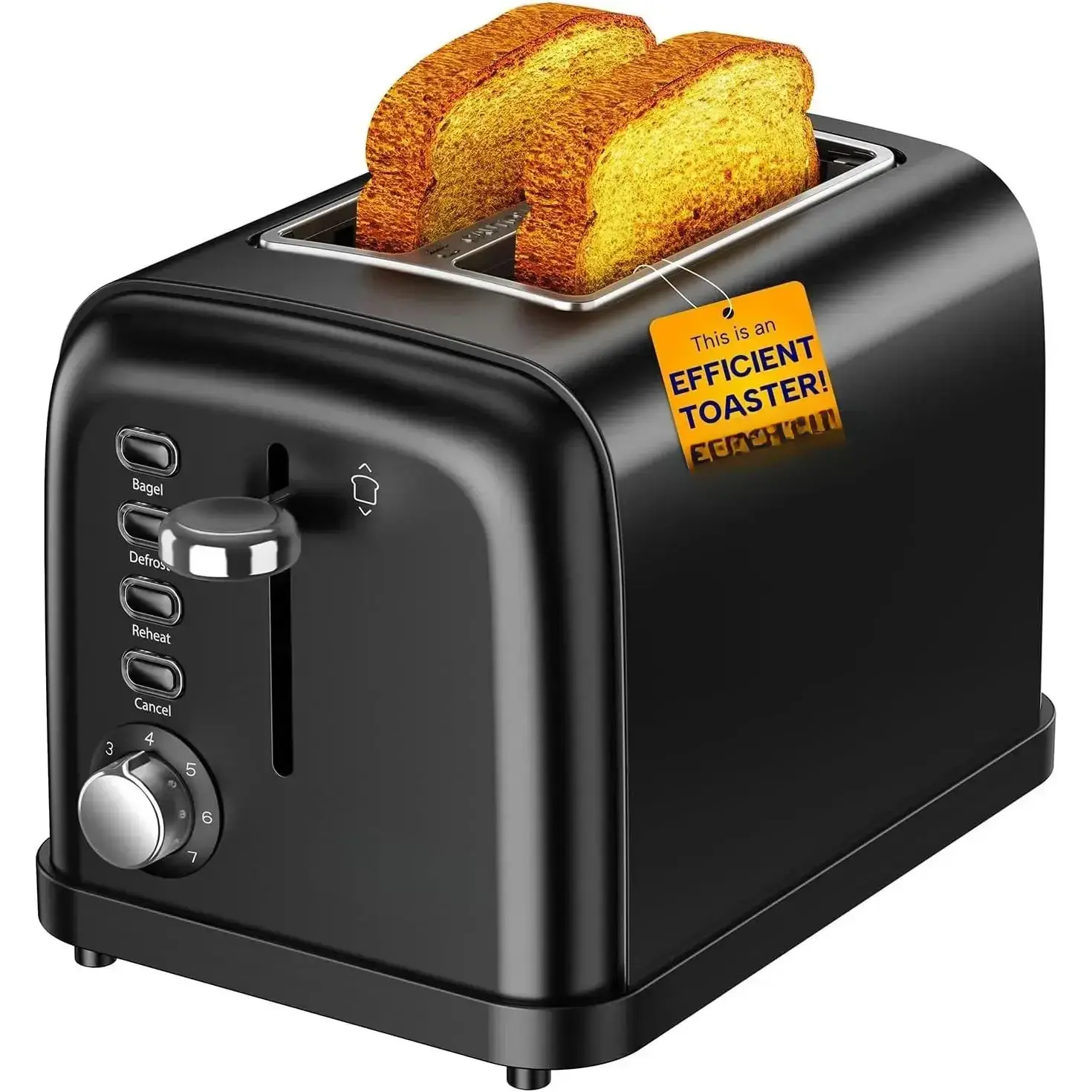 Black Toaster 2 Slice, Extra Wide Slot Toaster for Bagels, Bread, Waffles, 7 Shade Settings, 4 Main Functions, Removable Crumb Tray, 900 Watts Toasters, Black Stainless Steel