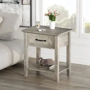 MDF Wood Bedside Table - Rectangular Top, Chamfered Corners, Quick Setup, Spacious Drawer, Storage Shelf, Modern Versatile End Table for Bedroom & Living Room Indoor Storage Furniture