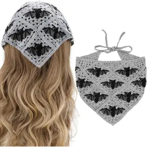 Gothic Crochet Headbands Bat Pattern Bandana for Women, Cotton Knit Triangle Headband Greyscale Halloween Style Head Scarf mas Vint Crochet Hair Styling Decor