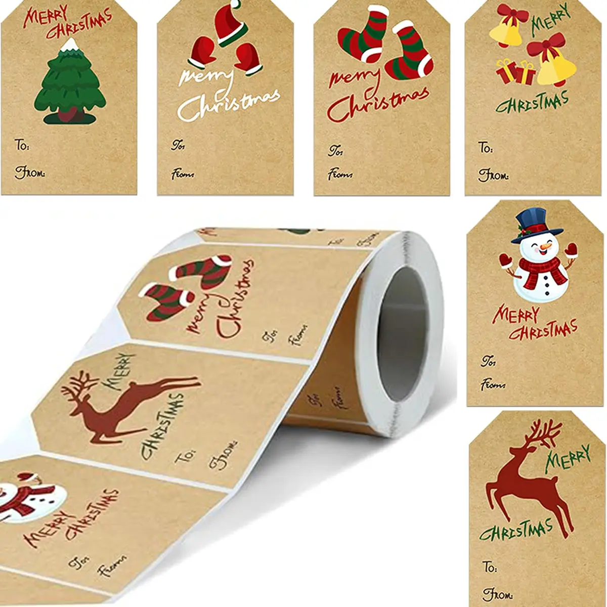 250pcs Roll Christmas Kraft Paper Gift Tag Stickers - 2x3in Self-Adhesive Writable Name Labels, 6 Christmas Designs, No Smudges, Sticky, Easy to Peel for Car Interior Decoration, Gift Packages, Bags, Holiday Use