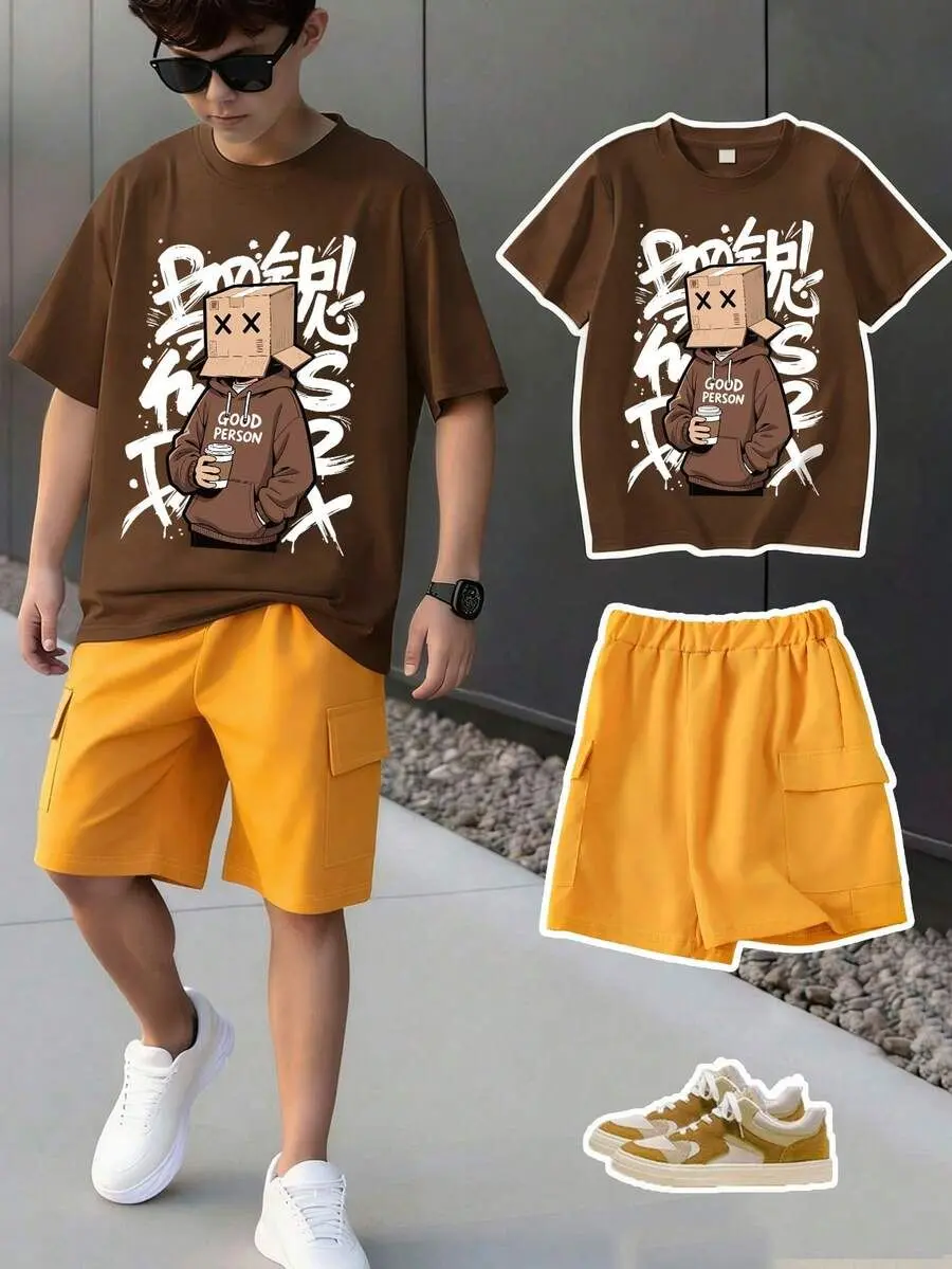 Boys' 2-Piece Outfit - Casual Streetwear T-Shirt with Graffiti Print and Polyester Blend Cargo Shorts with Side Pockets for School/Play, Crew Neck, Elastane