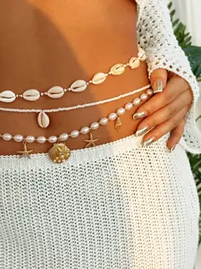 HOT CURVE 3pcs Multilayer Bohemian Beach Style Pearl Starfish Beaded Waist Chain, Beach Body Jewelry Chain For Women