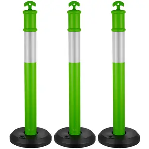 Three-Pack 48-Inch Traffic Delineator Posts With Green Safety Cones And Fillable Base, Durable Portable Barrier System For Roadway, Parking Lot And Event Traffic Control Durable Weather-Resistant Construction For Outdoor Use