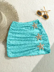 Summer Women's Fashion New Sparkly Sequined Starfish Buckle Vacation Style Pleated Texture Elastic Waist A-Line Short Skirt, Casual Beach Holiday Wear