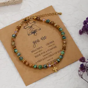 9PCS Cross Bracelets for Women - Christian Inspirational Bracelets Gifts Healing Natural Stone Beaded Bracelets Set Adjustable Confirmation Baptism Easter Gift Bracelets