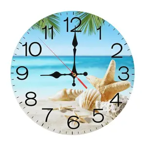 10-12in Palm Print Tropical Beach Starfish Seashell Wooden Wall Clock - Silent Quiet Rustic Wall-Mounted Clock, Coastal Nautical Home Decor for Bathroom, Beach House, No Battery Included