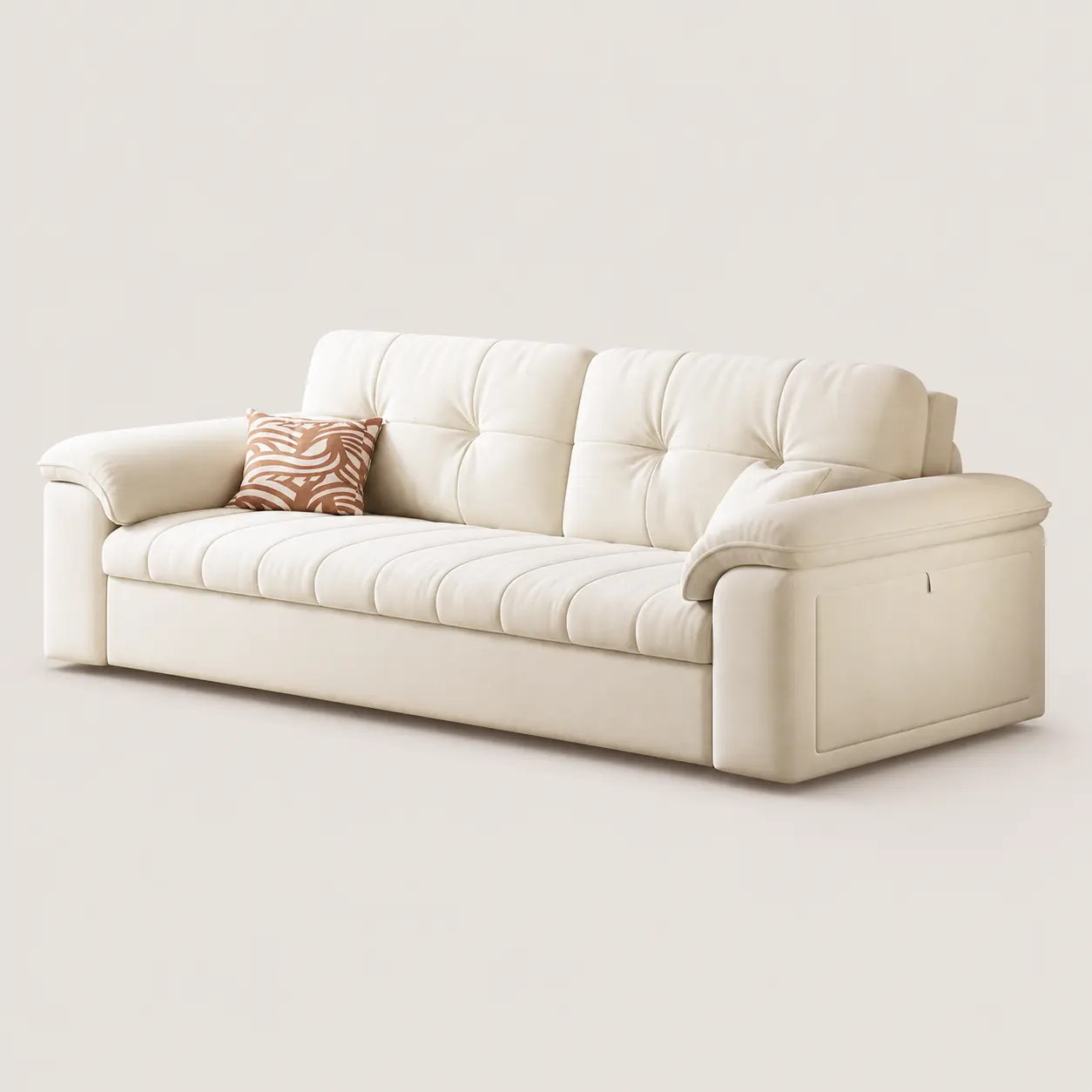 Modern Cream Aesthetic Button Tufted 3-Seater Upholstered Sofa, Wide Armrest Straight Couch with Side Storage Pocket for Living Room