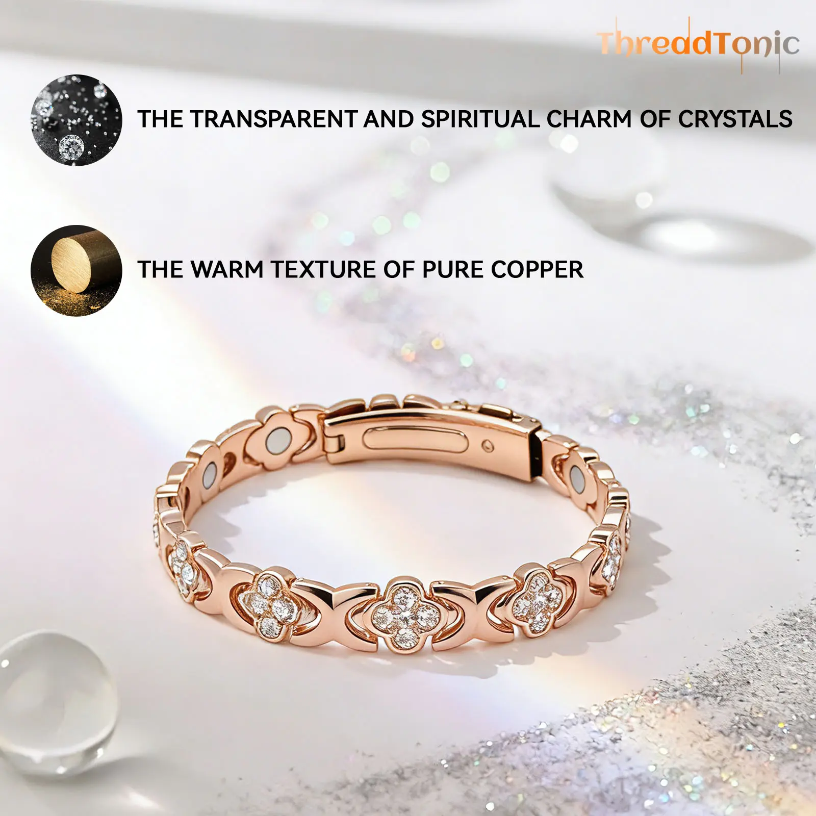 ThreadTonic Copper Bracelets for Women Pure Copper Magnetic Bracelet with 3500 Gauss Effective Magnets Outdoorfun daily bracelet tiktokshopspringglowup Rhinestone Decorated Bangle