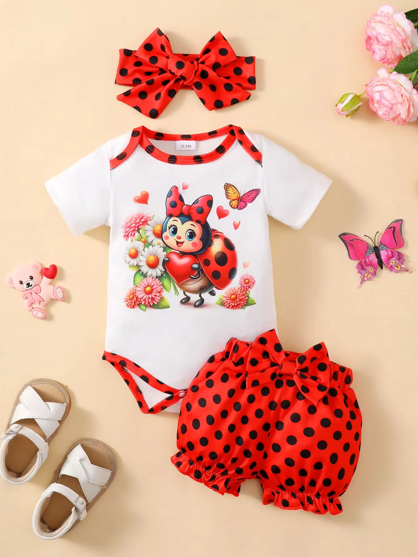 0-18M Baby Girls Outfits Letter Ruffle Sleeve Jumpsuit Sunflower Shorts For Summer Headband 3Pcs Clothes Set Yellow YMX1912924 Costume Cute Romper with Ladybug Print & Polka Dot Shorts Mothers Day Gift