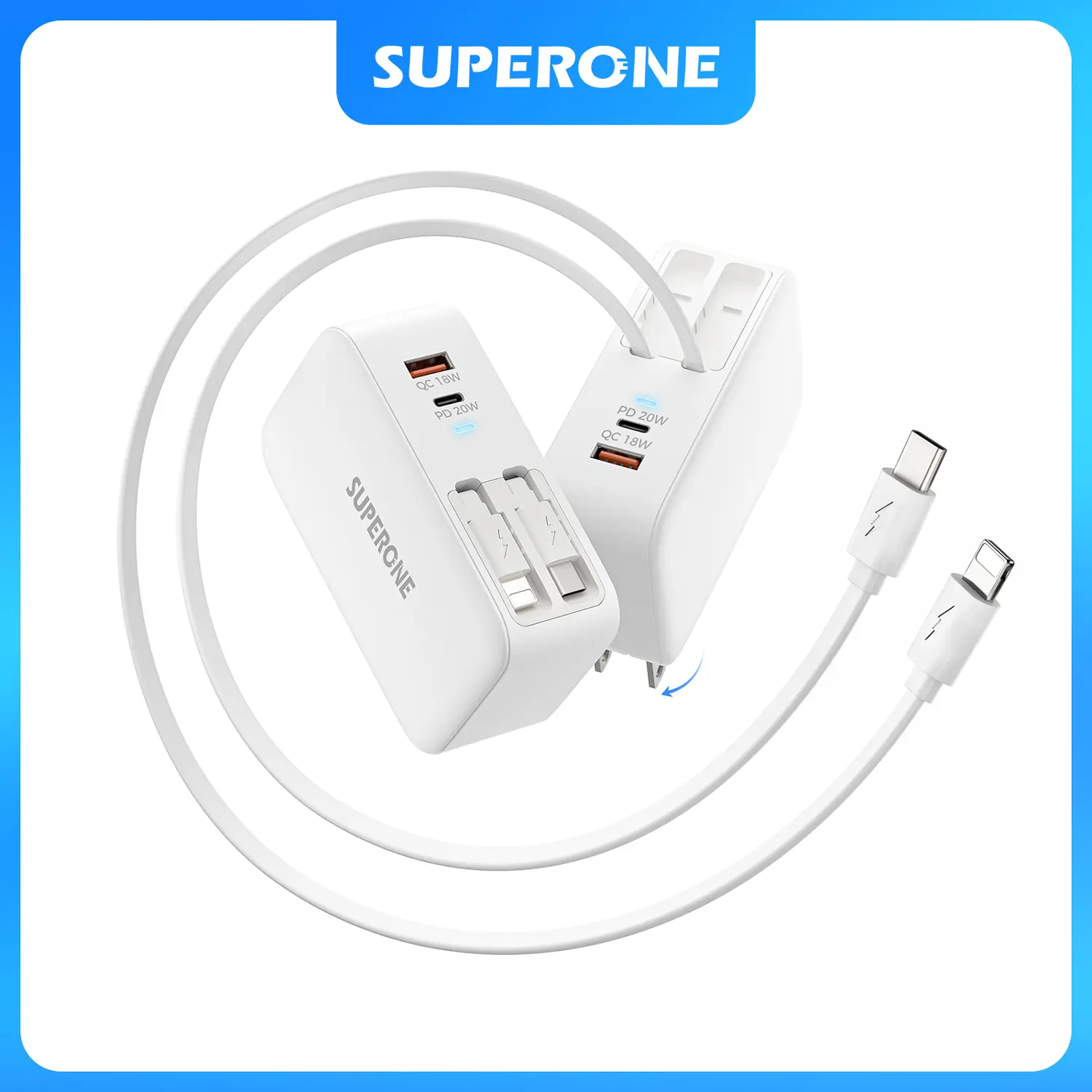 SUPERONE Folding 4-in-1 Port USB C Charger Block with Plug - Fast Charging USB C & Apple Cables, Protection for iPhone 17/16/15/14/13/12/11 Series, Pad, Samsung Pixel Devices, Retractable Cellphone Wall Charger summerwins