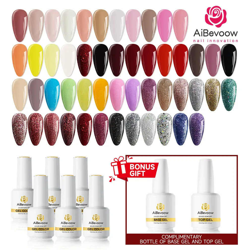 AiBevoow 15ml Gel Polish Set - 6Colors Gel Polish Kit with Base Top Coat Gitter Pink Red Blue Purple Brown Yellow Green Black White Nails Gifts for Women Bonus Base Top Gel # trendy nail art ,fantasy nail，trendy nail art