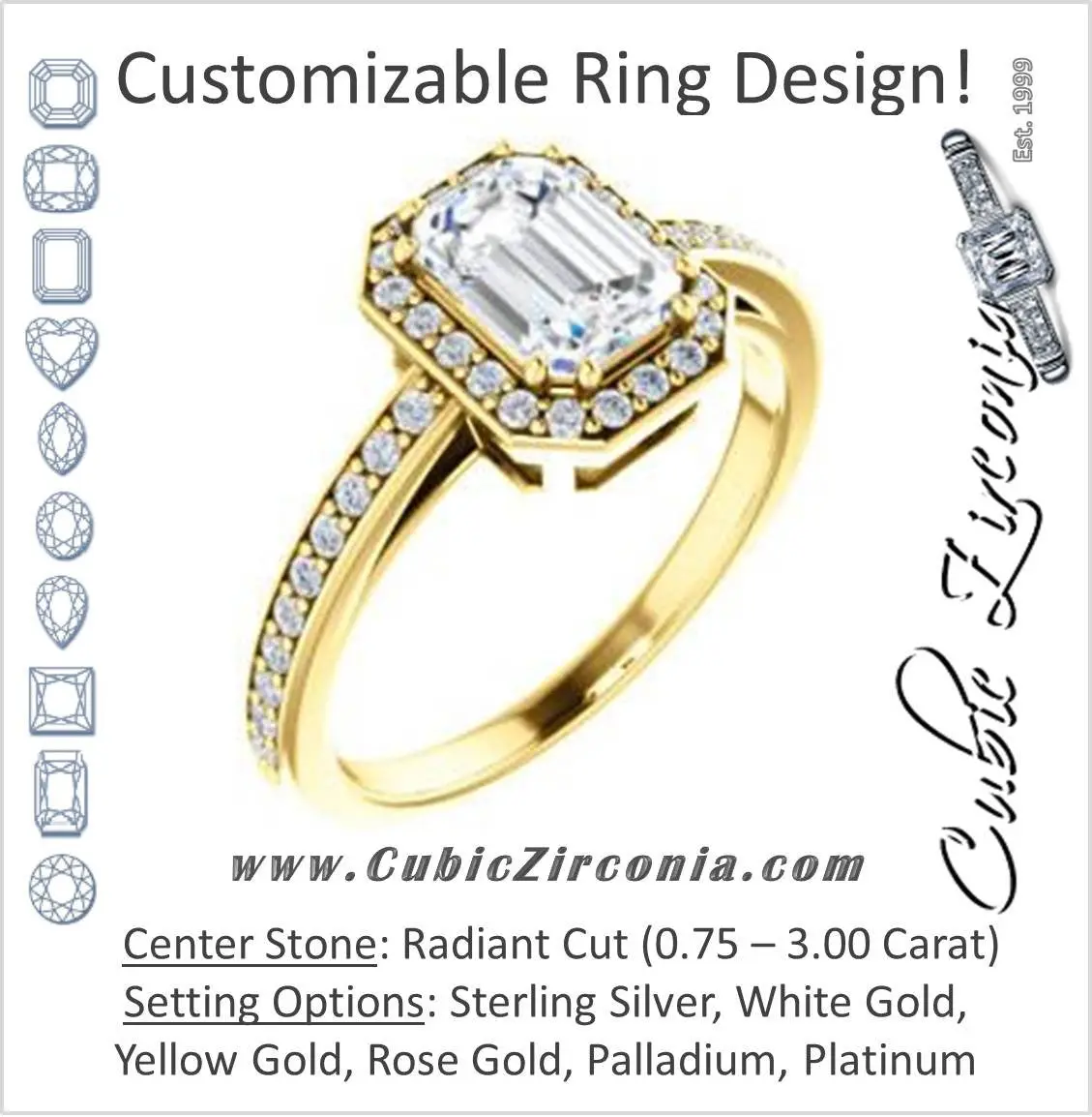 Cubic Zirconia Engagement Ring- The Kira (Customizable Cathedral-Halo Radiant Cut Design with Thin Pavé Band)