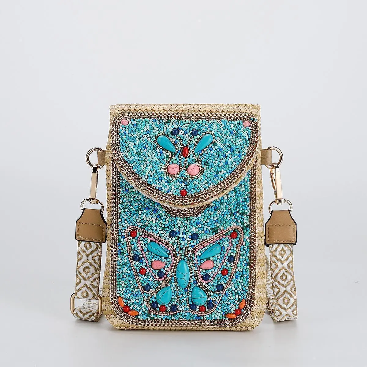 Premium straw woven messenger bag women's bag new fashion rice bead bag European and American woven women's shoulder mobile phone bag portable, exquisite and compact