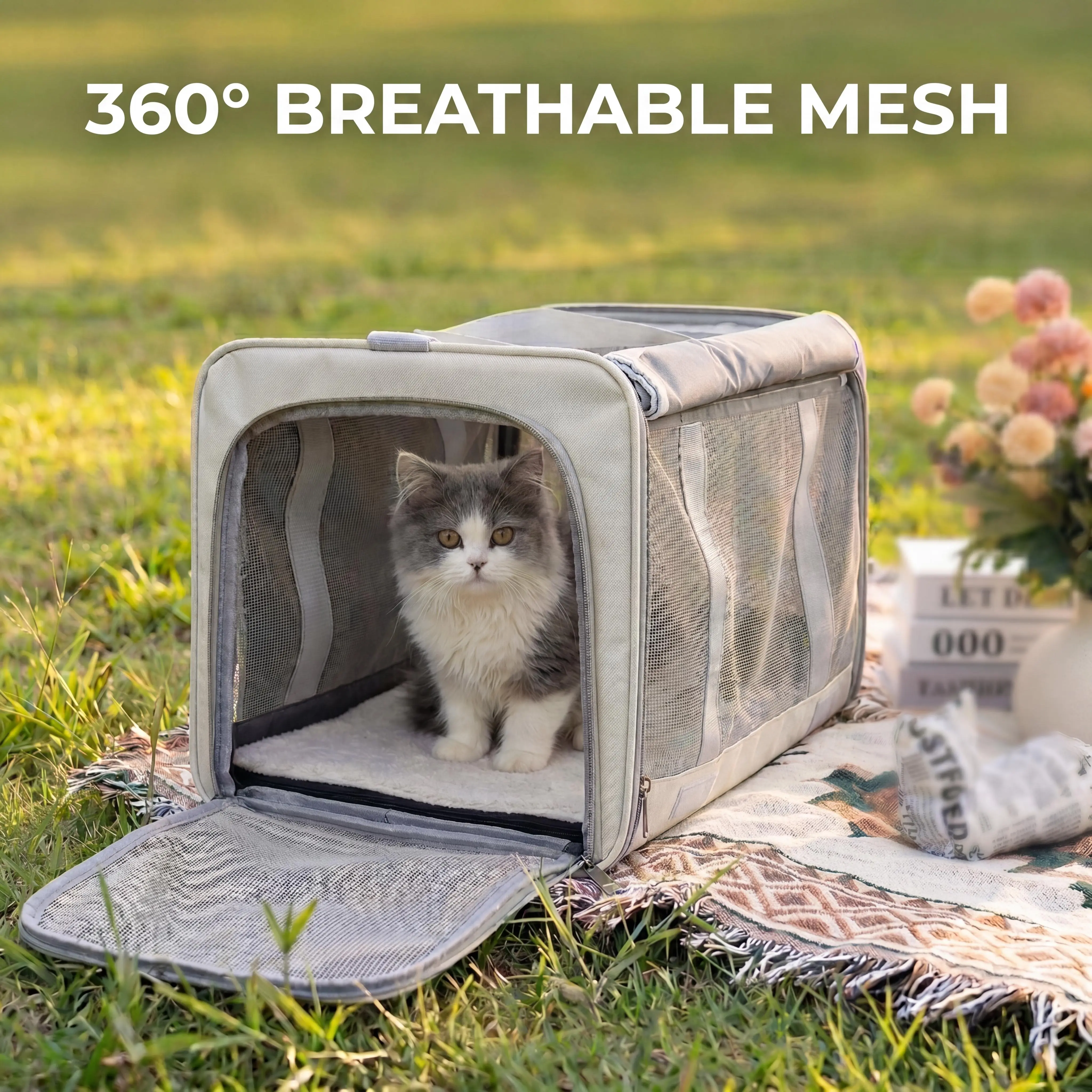 18.1in Large Fabric Cat Carrier Backpack for Big Cats - Gray Foldable, Mesh Ventilation Design with Side/Top Mesh, Privacy Curtains, Lockable Zipper, Secure Tether, Adjustable Straps, Calmer Space, Hand Wash Only, Better Airflow for Car Rides