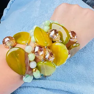 Semanarios 7 Stacker Bracelet Pure Natural Gemstones 14k Gold Plated Latex Components Yellow Green Beads Fashion Jewelry