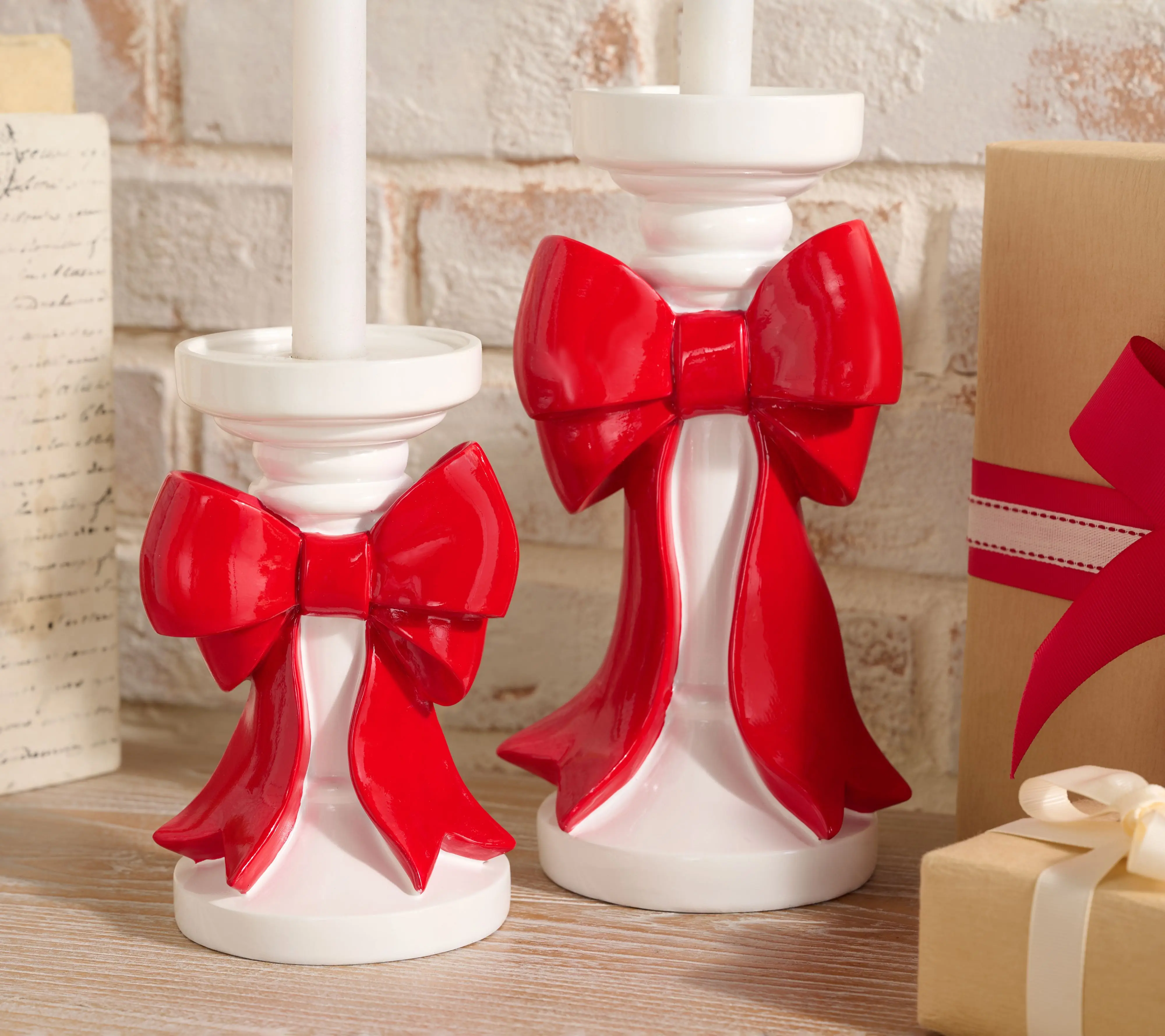 Set of 2 Pedestal Candleholders with Bow by Valerie