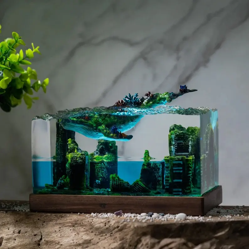 Handcrafted Whale Mystery Ocean Diorama Figurine, Ancient Underwater World City Ruins Ornament, Blue Sea Aesthetic Desk Decor Christmas Gift for Him