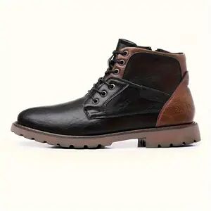 Men's Brown Leather Ankle Boots, Lace - Up & Side Zip Work Boots, Durable Lug Sole Outdoor Hiking Boots for Casual Daily Wear Trekking Shoes