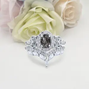 Two Piece Set Chevron 1.21 Carat Natural Rutilated Quartz Ring Bridal Band Wedding Oval Shape 925 Sterling Silver 21mm