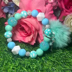 Mint to be polka wristlet keychain color scheme mint green, blue, white and bling beads made with wire